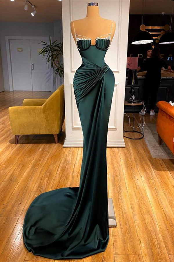 Dark Green Long Spaghetti-Straps Mermaid Prom Dress With Beadings-showprettydress