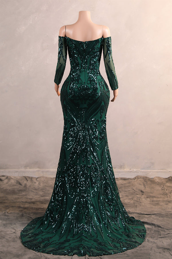 Dark Green Off-the-shoulder Long sleeves Sequin Mermaid Prom Dresses-Showprettydress