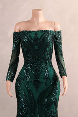 Dark Green Off-the-shoulder Long sleeves Sequin Mermaid Prom Dresses-Showprettydress