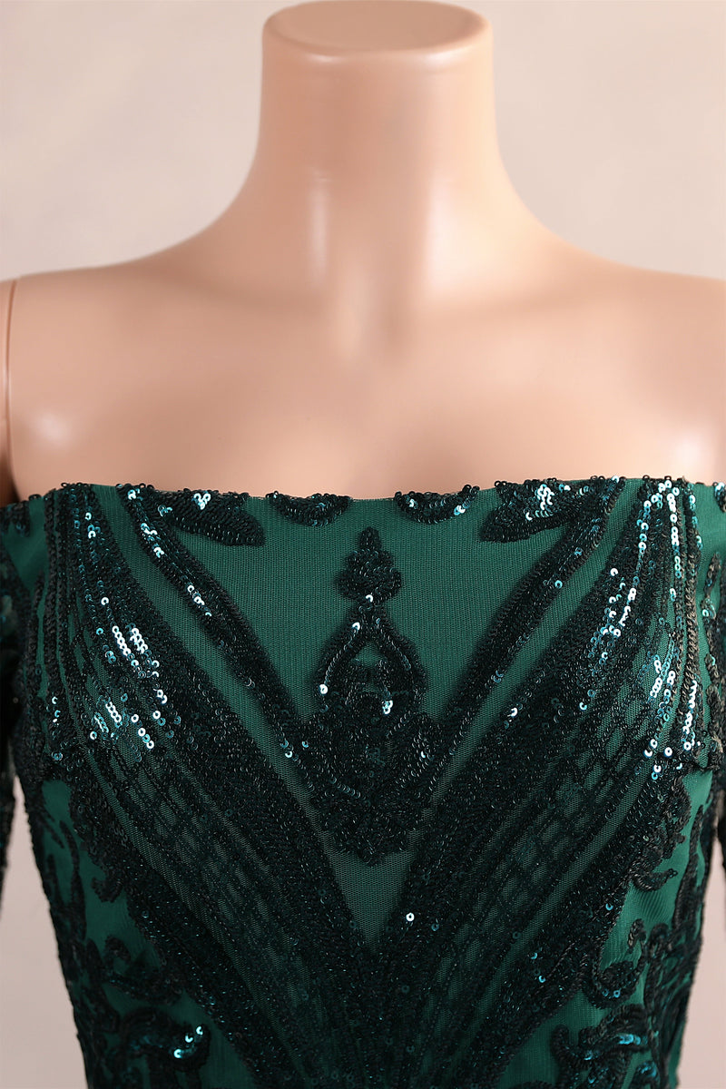 Dark Green Off-the-shoulder Long sleeves Sequin Mermaid Prom Dresses-Showprettydress