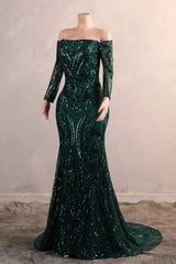 Dark Green Off-the-shoulder Long sleeves Sequin Mermaid Prom Dresses-Showprettydress