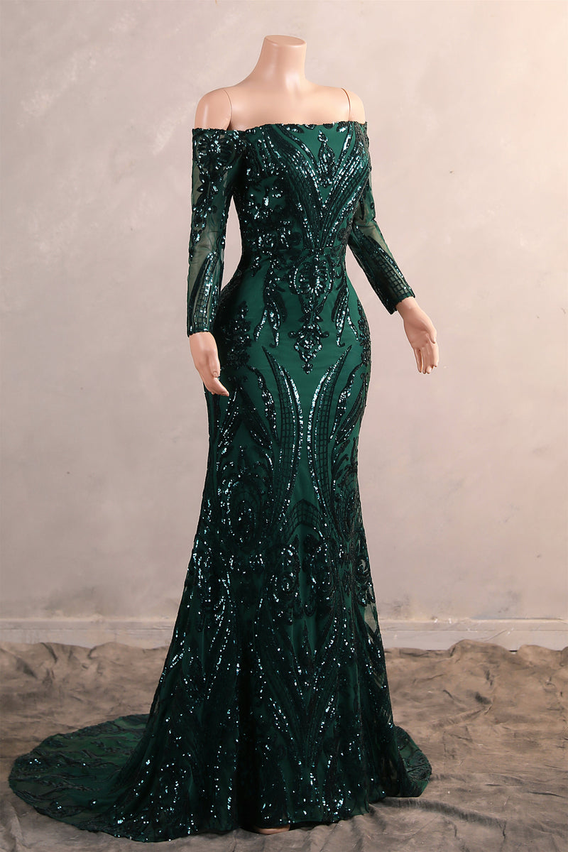 Dark Green Off-the-shoulder Long sleeves Sequin Mermaid Prom Dresses-Showprettydress