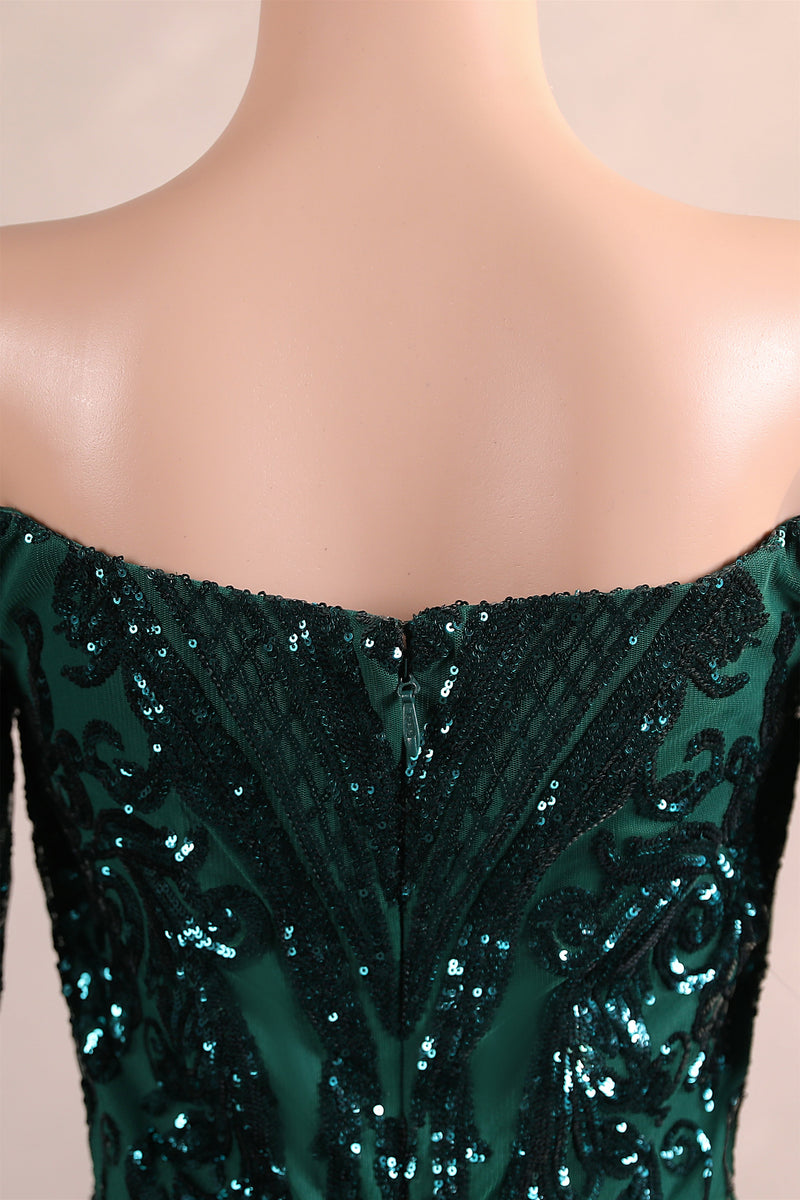 Dark Green Off-the-shoulder Long sleeves Sequin Mermaid Prom Dresses-Showprettydress