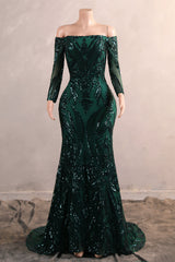 Dark Green Off-the-shoulder Long sleeves Sequin Mermaid Prom Dresses-Showprettydress