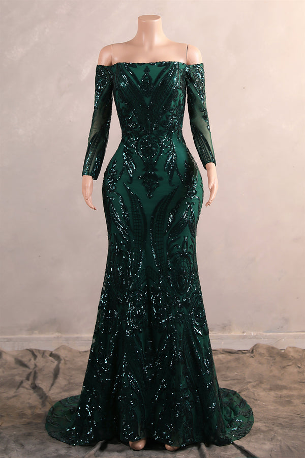 Dark Green Off-the-shoulder Long sleeves Sequin Mermaid Prom Dresses-showprettydress