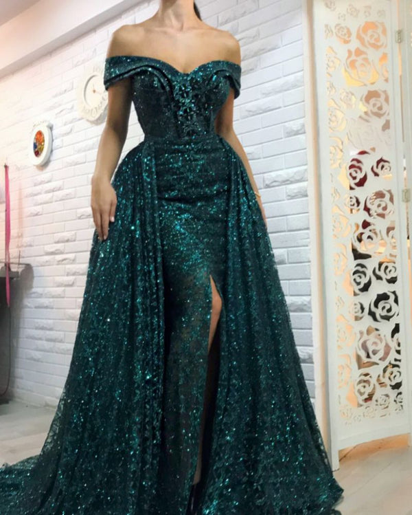 Dark Green Off-the-Shoulder Sparkle Long Evening Dresses Sheath Chic High Split Overskirt Prom Dresses-showprettydress