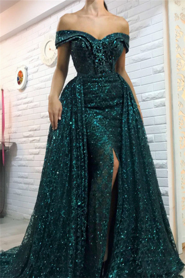 Dark Green Off-the-Shoulder Sparkle Long Evening Dresses Sheath Chic High Split Overskirt Prom Dresses-showprettydress