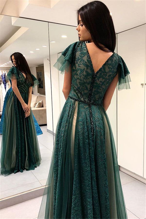 Dark Green Princess Short Sleeves Long Prom Dresses V-Neck Lace Evening Dresses with Soft Pleats-showprettydress