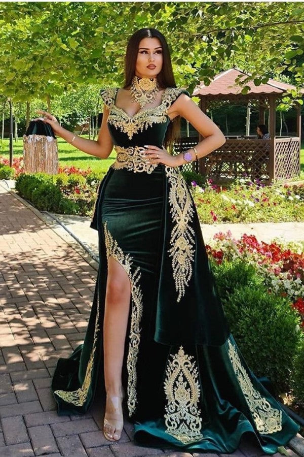 Dark Green Velvet Mermaid Evening Dress with Gold Lace appliques-showprettydress