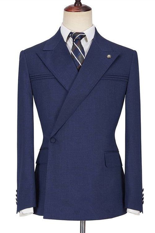 Dark Navy Bespoke Peaked Lapel Ruffles Men Suits-showprettydress