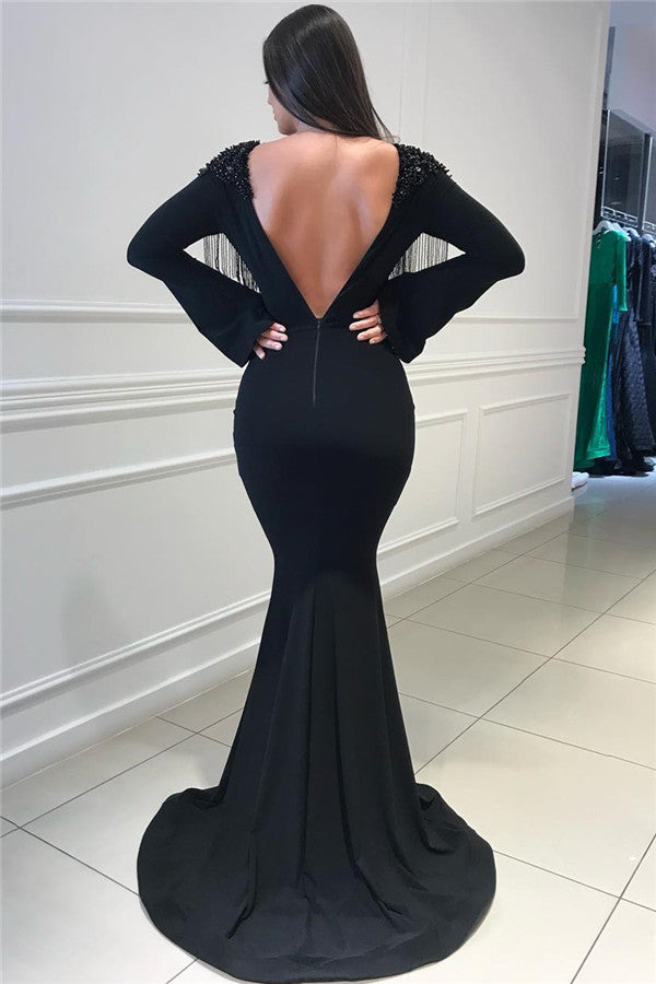 Deep Chic V-neck Open Back Black Prom Dresses Fit and Flare Elegant Long Sleeves Beads Tassels Evening Gown-showprettydress