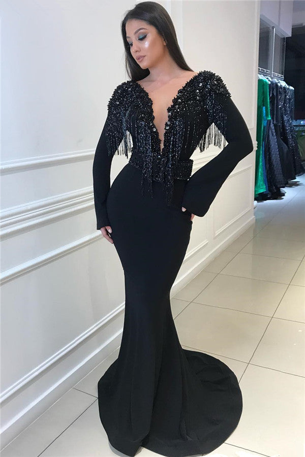 Deep Chic V-neck Open Back Black Prom Dresses Fit and Flare Elegant Long Sleeves Beads Tassels Evening Gown-showprettydress