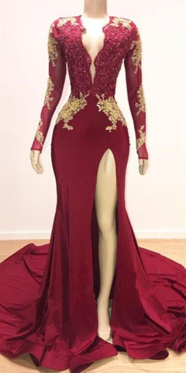 Deep V-neck Long Sleevess Lace Appliques Split Mermaid Evening Gowns-showprettydress