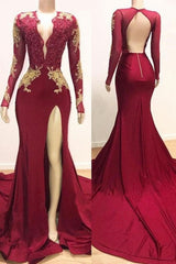 Deep V-neck Long Sleevess Lace Appliques Split Mermaid Evening Gowns-showprettydress