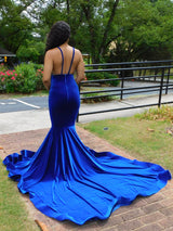 Deep V-neck Royal Blue SPAGHETTI STRAPS Mermaid Flowers Prom Dresses-showprettydress