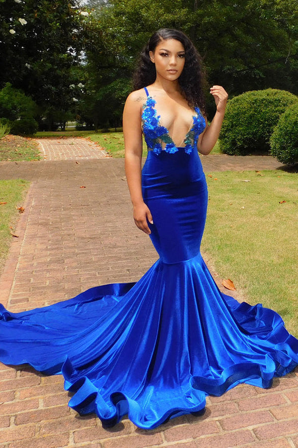 Deep V-neck Royal Blue SPAGHETTI STRAPS Mermaid Flowers Prom Dresses-showprettydress