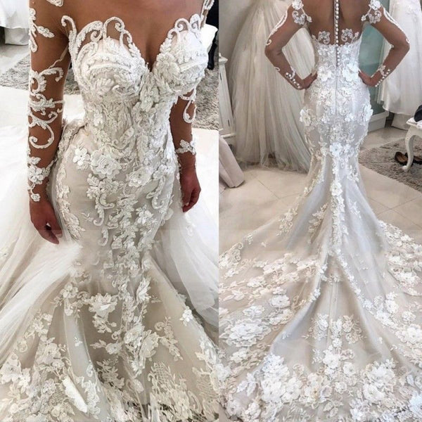 Delicate Lace Appliques Mermaid Wedding Dress Long Sleeves Bridal Gown-showprettydress