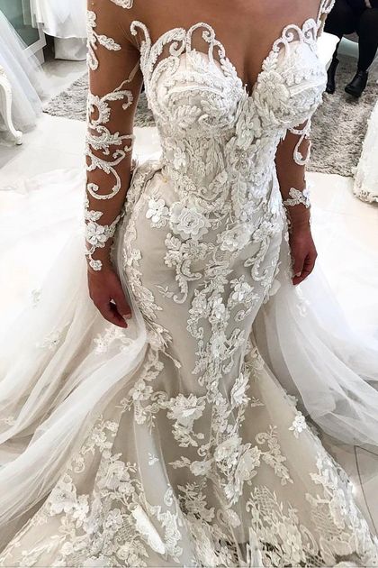 Delicate Lace Appliques Mermaid Wedding Dress Long Sleeves Bridal Gown-showprettydress