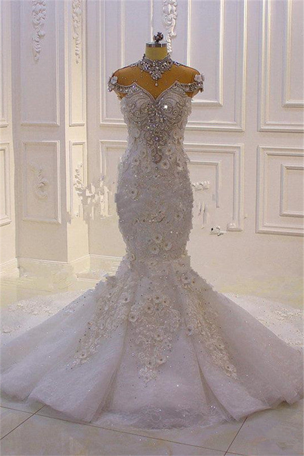 Delicate Sleeveless Beading Sheer Tulle Appliques Mermaid Sparkling Wedding Dresses-showprettydress