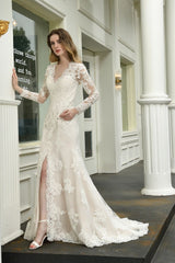 Delicate V Neck High Split Long Sleevess Lace Wedding Dress With Court Train-showprettydress