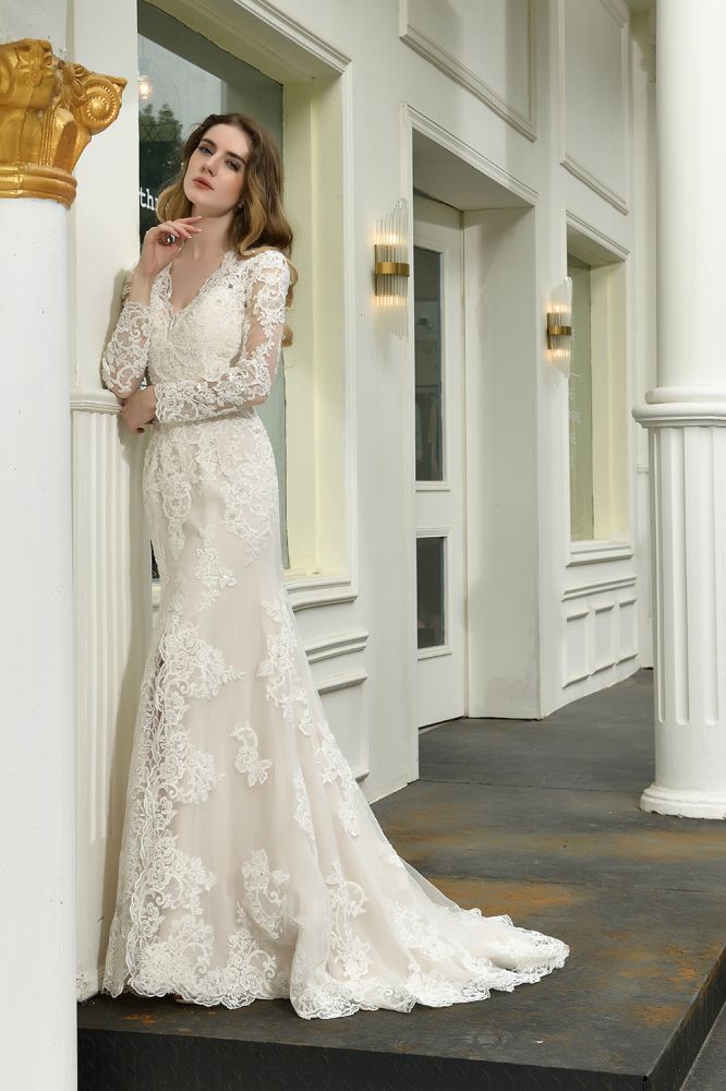 Delicate V Neck High Split Long Sleevess Lace Wedding Dress With Court Train-showprettydress