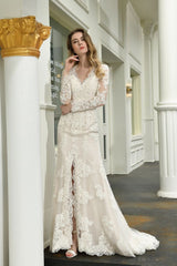 Delicate V Neck High Split Long Sleevess Lace Wedding Dress With Court Train-showprettydress