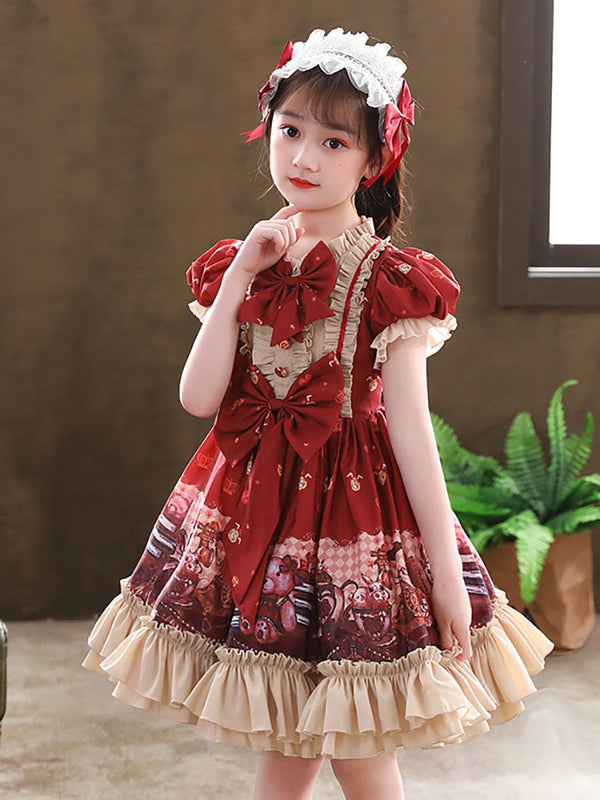 Designed Neckline Tulle Short Sleeves Short A-Line Bows Red Kids Party Dresses-showprettydress