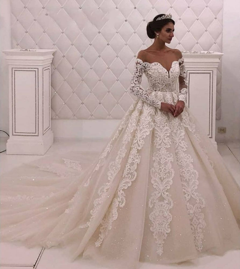 Designer Off theshoulder Lace Princess White wedding dress-showprettydress