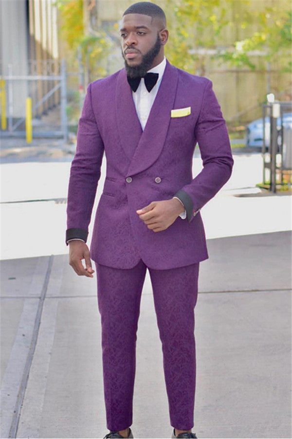 Designer Purple Slim Fit Groom Tuxedos Jacquard Prom Outfits Suits-showprettydress