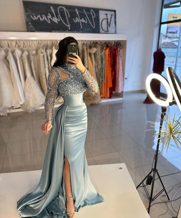 Dusty Blue Long Sleeves High Neck Mermaid Formal Prom Dress With Sequins-showprettydress