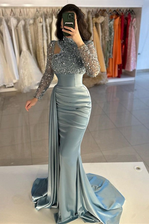 Dusty Blue Long Sleeves High Neck Mermaid Formal Prom Dress With Sequins-showprettydress