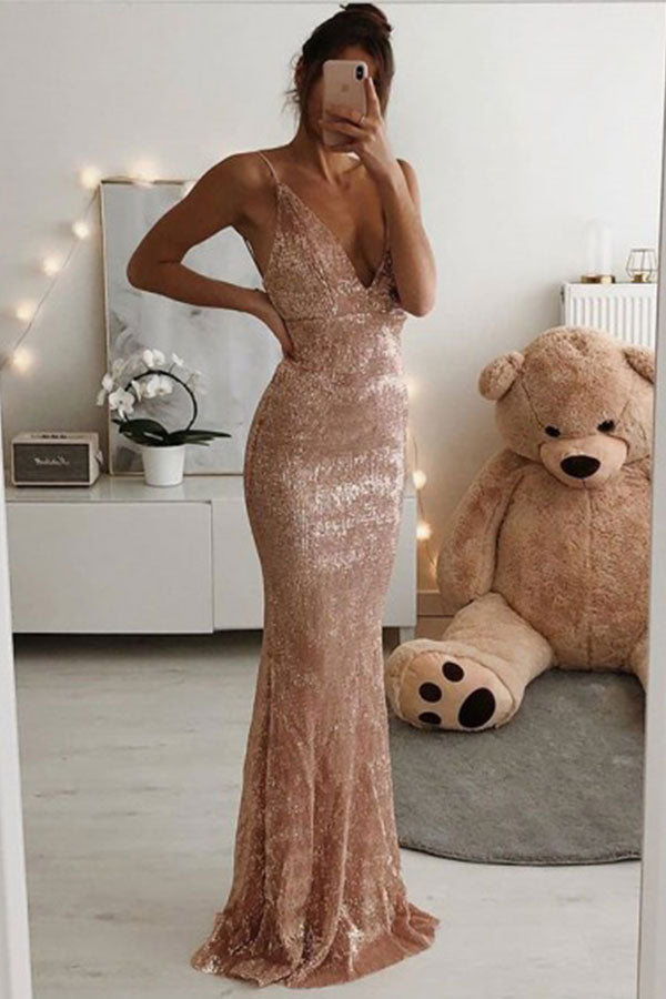 Dusty Rose Spaghetti Strap Deep V-neck Column Long Prom Dresses On Sale-showprettydress