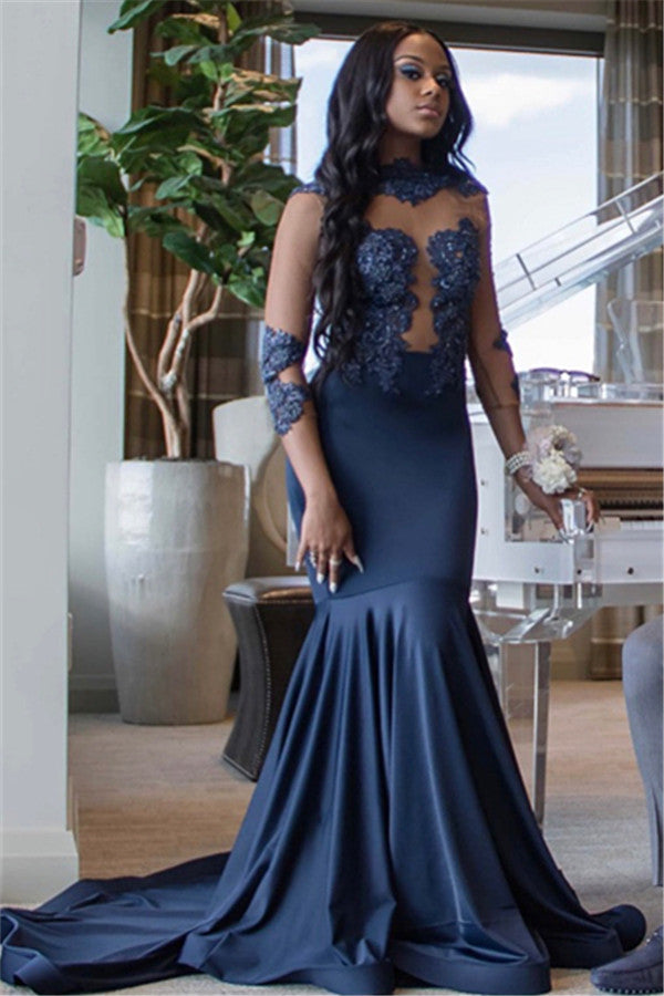 Elegant 3/4 Sleeves Appliques Mermaid Floor-Length Prom Party Gowns-showprettydress