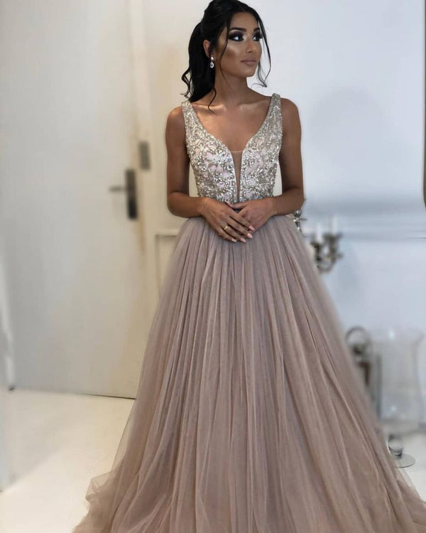 Elegant A-line Sleeveless Applique Tulle Evening Dresses-showprettydress