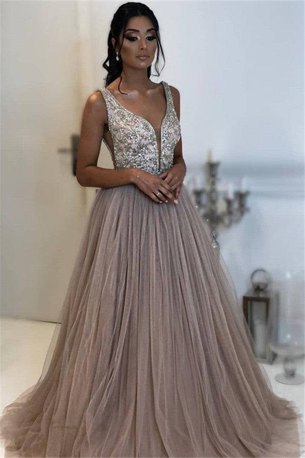 Elegant A-line Sleeveless Applique Tulle Evening Dresses-showprettydress