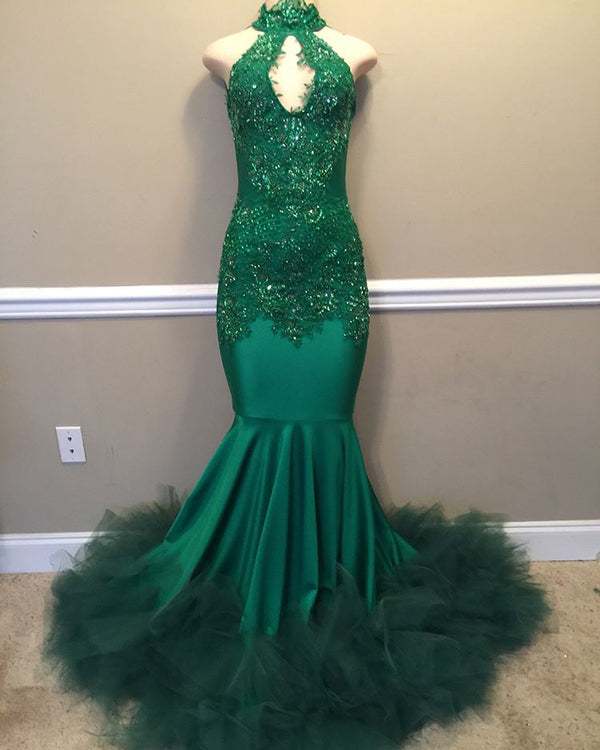 Elegant Beads Appliques Halter Prom Dresses Fit and Flare Sleeveless Tulle Evening Gowns-showprettydress