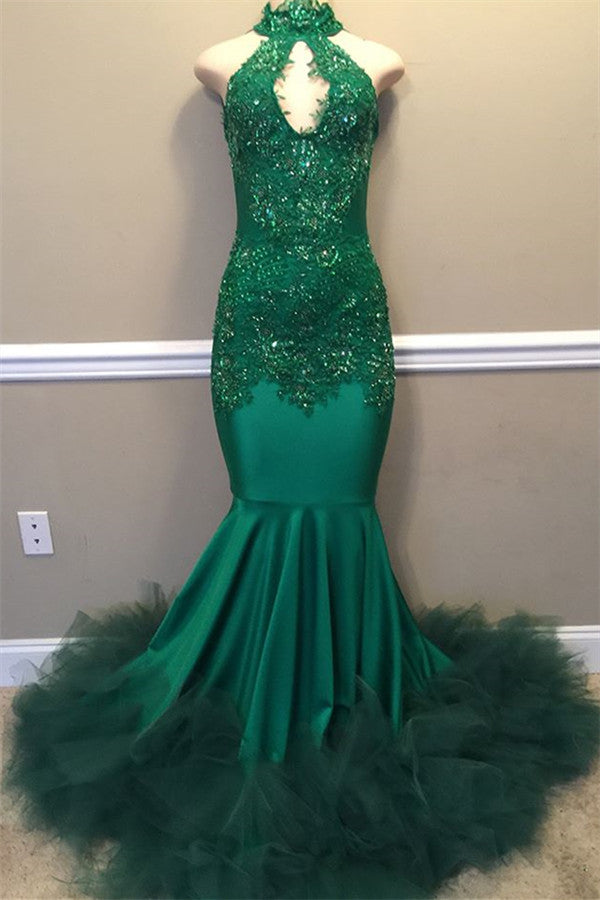 Elegant Beads Appliques Halter Prom Dresses Fit and Flare Sleeveless Tulle Evening Gowns-showprettydress