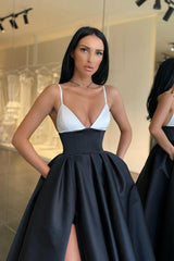 Elegant Black and White Long A-line Spaghetti Straps Prom Dress With Slit-showprettydress