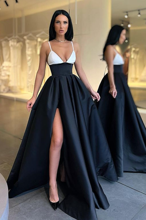 Elegant Black and White Long A-line Spaghetti Straps Prom Dress With Slit-showprettydress