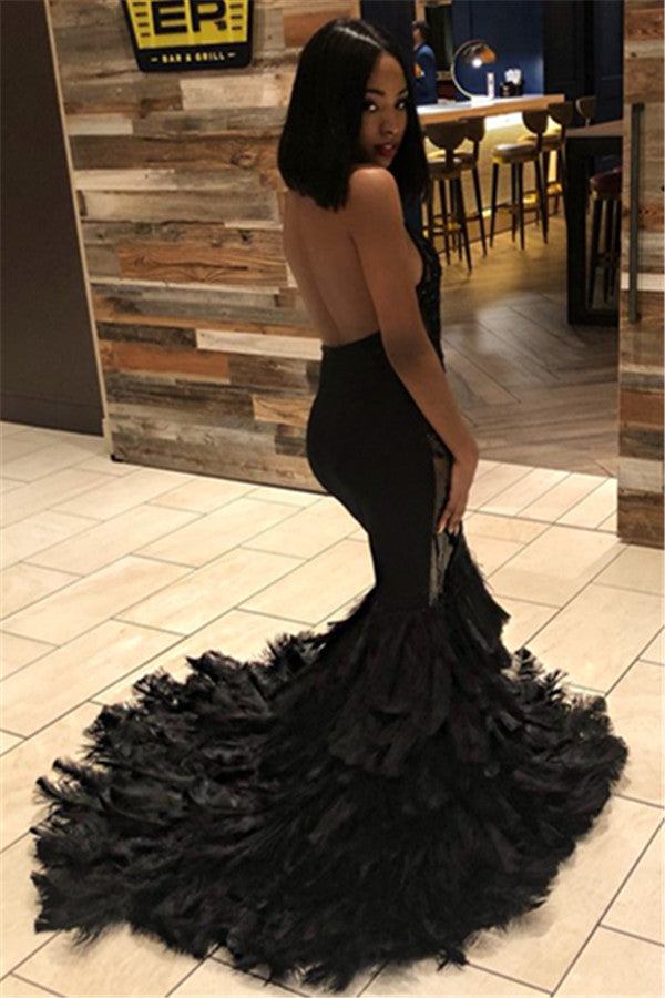 Elegant Black Mermaid Halter Sleeveless Open Back Applique Prom Dresses-showprettydress