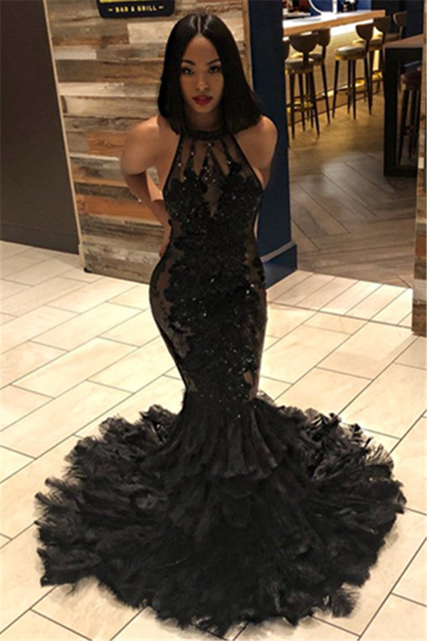 Elegant Black Mermaid Halter Sleeveless Open Back Applique Prom Dresses-showprettydress