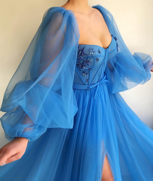 Elegant Blue Tulle Long Sleeves Prom Dress Sweetheart Long Beaded With Slit-showprettydress