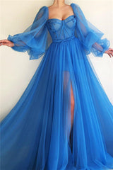 Elegant Blue Tulle Long Sleeves Prom Dress Sweetheart Long Beaded With Slit-showprettydress