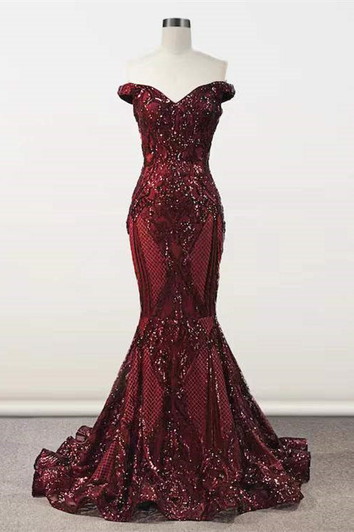 Elegant Burgundy Off-the-shoulder Mermaid Prom Dresses-showprettydress