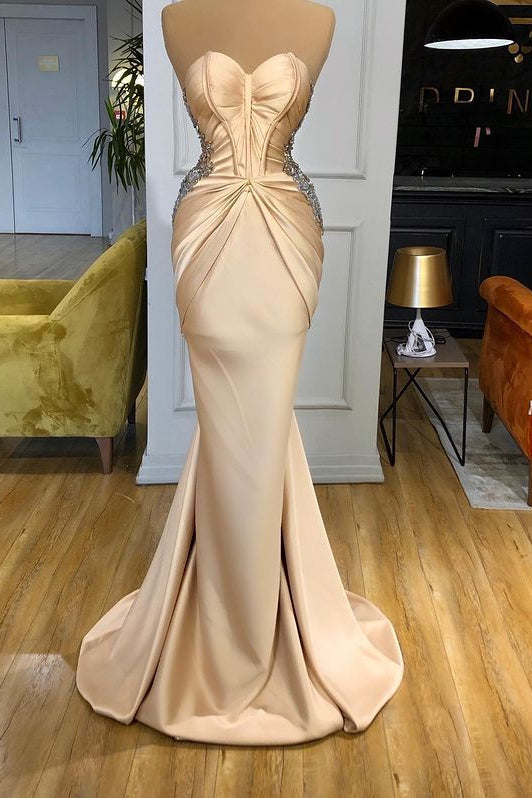 Elegant Champagne Long Mermaid Sweetheart Prom Dress With Crystals-showprettydress