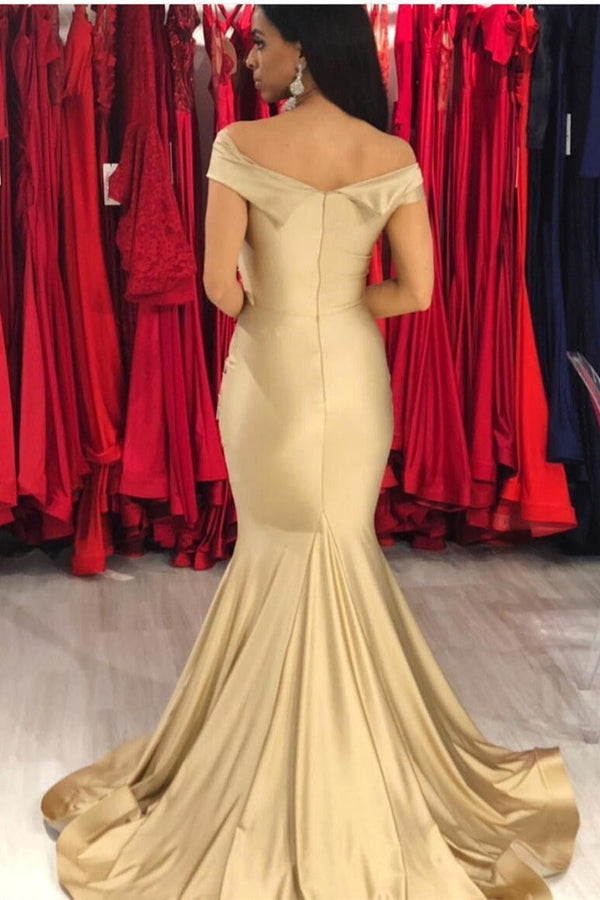 Elegant Chiffon Off-the-shoulder Gold Mermaid Evening Dress Long-showprettydress