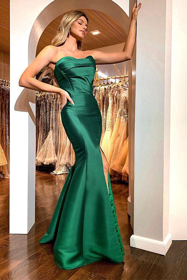 Elegant Emerald Green Sweetheart Mermaid Simple Prom Dresses On Sale with High Split-showprettydress