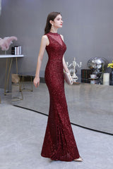 Elegant Illusion neck Burgundy Sleeveless Mermaid Prom Party Gowns-showprettydress