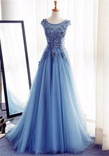 Elegant Illusion Sleeveless Lace Appliques A-line Lace-up Prom Party Gowns-showprettydress