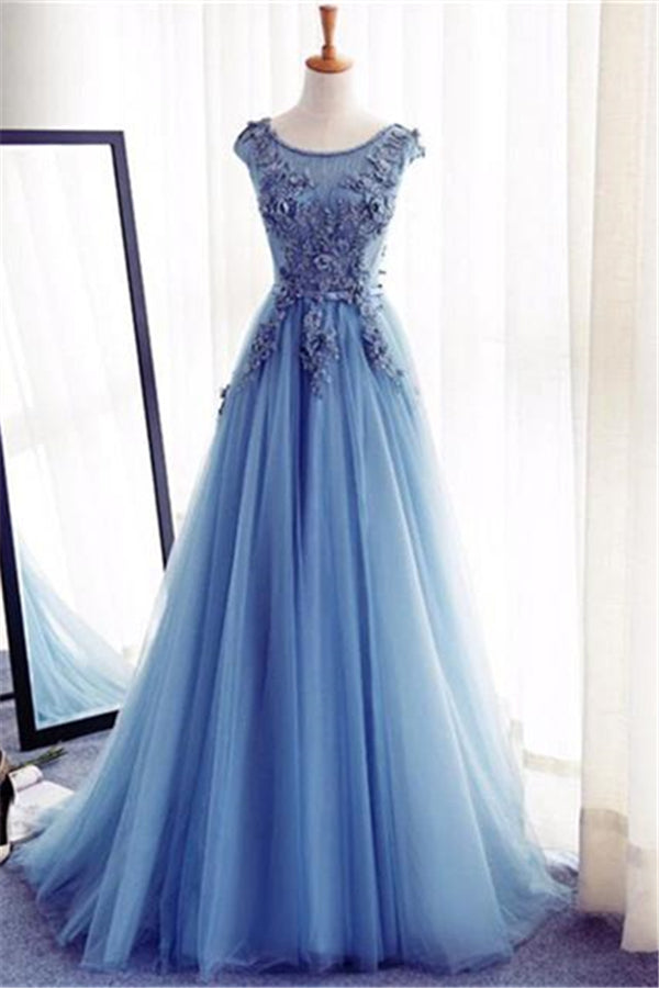 Elegant Illusion Sleeveless Lace Appliques A-line Lace-up Prom Party Gowns-showprettydress